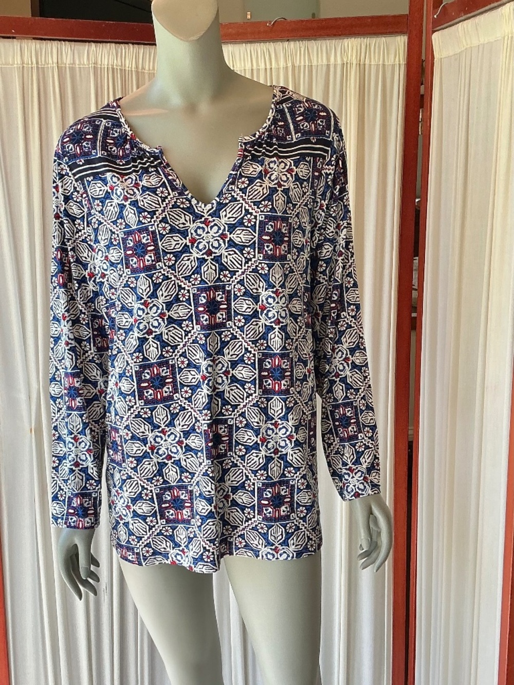 Dalia Womens Tunic Top Abstract Red White Blue Size 1X